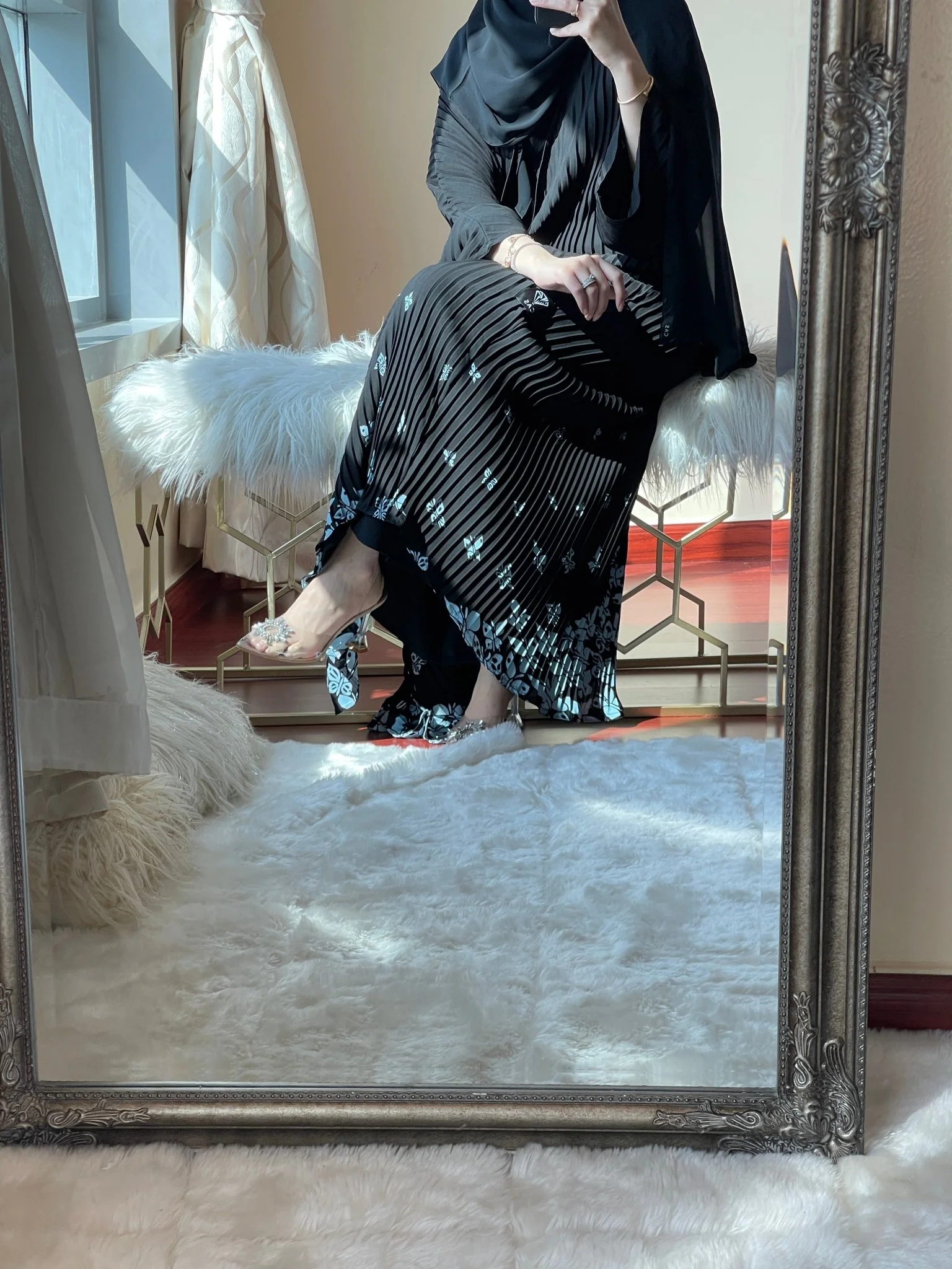 C-Pleated-Black-Blue-Butterflies-Abaya - Image 5